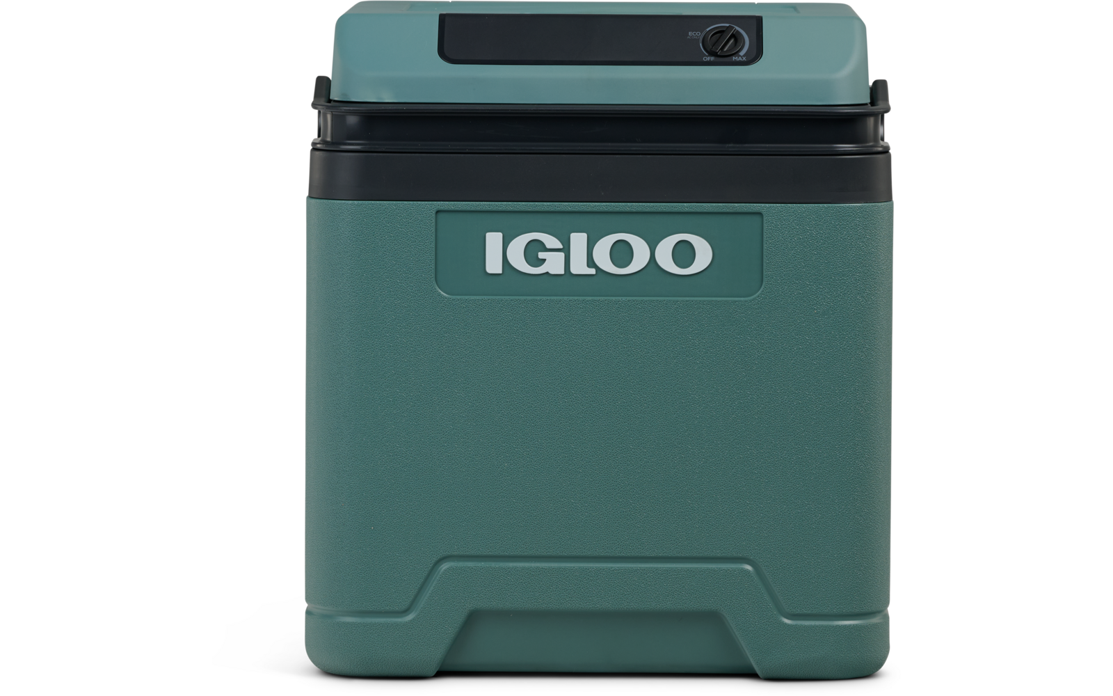 Grün-türkisfarbene Plastik-Kühlbox mit dunklerem Deckel und weißem "IGLOO"-Schriftzug vorn