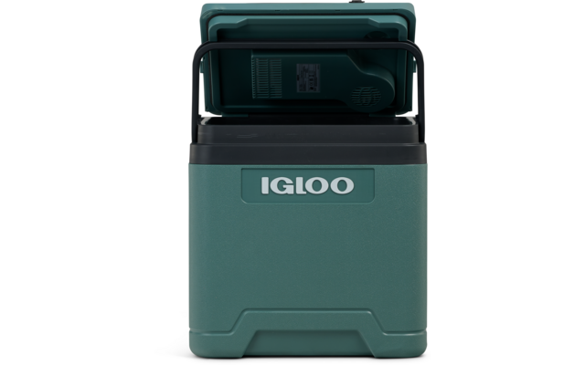 Türkisgrüne Igloo‑Kühlbox mit offenem Deckel und schwarzem Tragebügel, Frontalansicht
