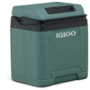 Türkisgrüne, rechteckige Kühlbox mit schwarzem Deckel und sichtbarem "IGLOO"-Logo auf der Vorderseite