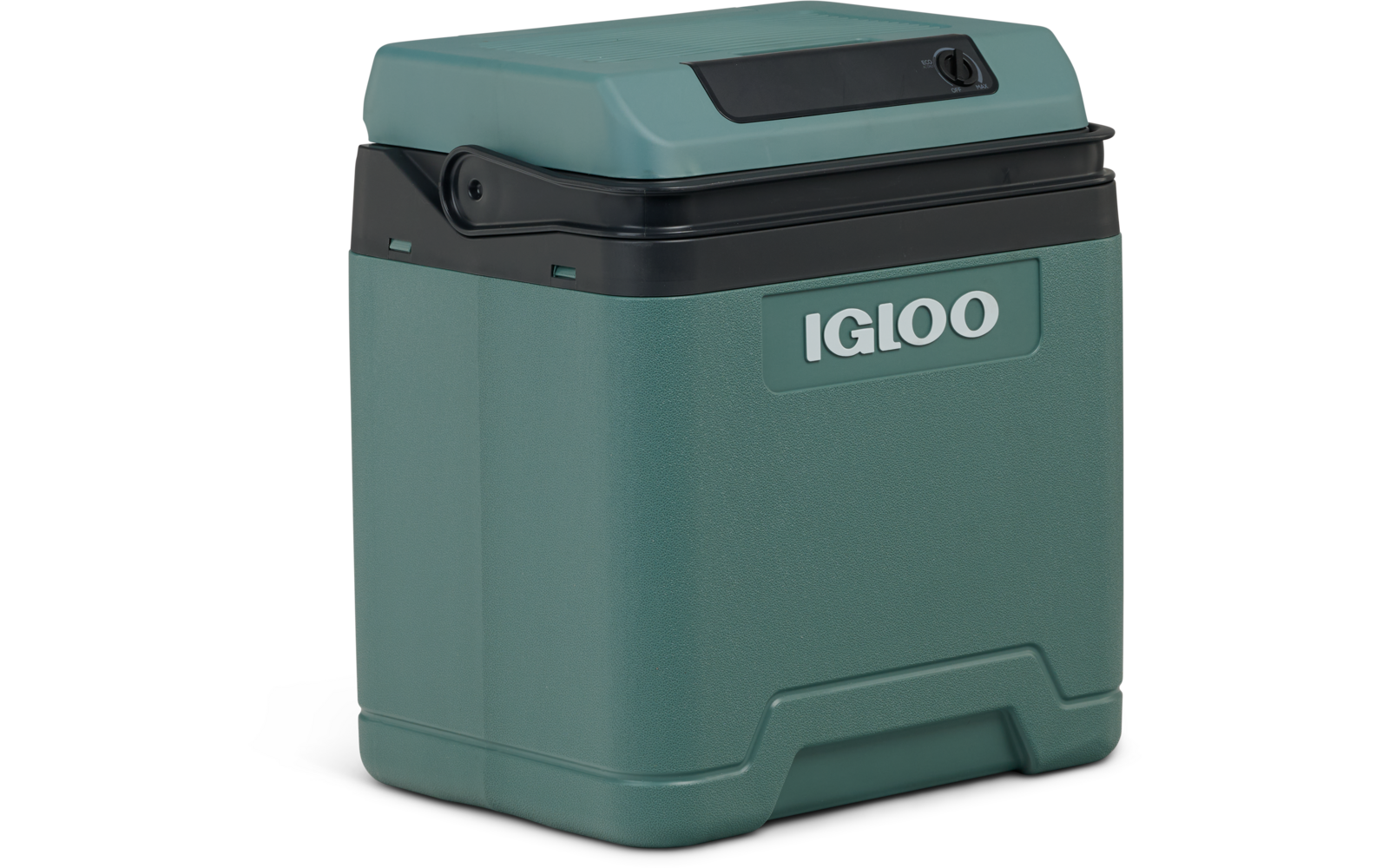 Türkisgrüne, rechteckige Kühlbox mit schwarzem Deckel und sichtbarem "IGLOO"-Logo auf der Vorderseite