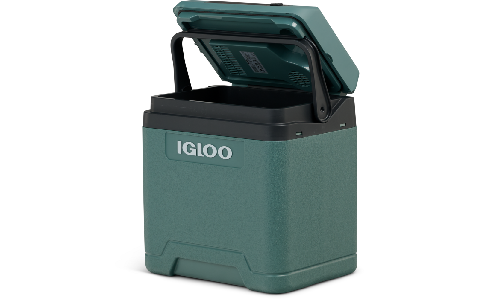 Türkisgrüne Kühlbox mit geöffnetem Deckel, aufrechtem schwarzem Tragebügel und Schriftzug "IGLOO" auf der Vorderseite