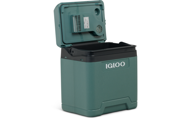 Offene türkisgrüne Igloo-Box mit schwarzem Innenfach, aufgeklapptem Deckel mit Lüftungsgitter und Etikett, weißer Schriftzug "IGLOO" auf der Vorderseite