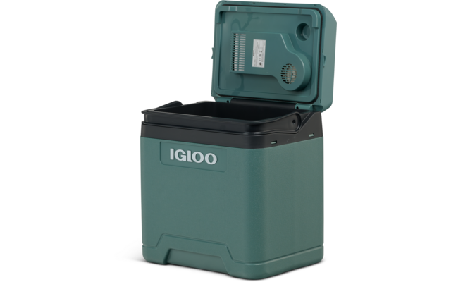 Türkise Igloo-Kühlbox mit offenem Deckel, schwarzem Innenraum, sichtbarer Lüftungsöffnung/Lüfter und Herstelleraufdruck "IGLOO"