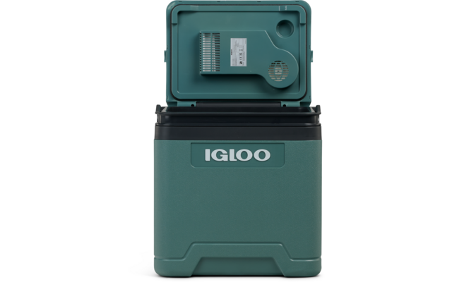 Offene grün-türkisfarbene Igloo-Kühlbox mit sichtbarem IGLOO-Logo vorne, geöffnetem Deckel mit Lüftungsöffnungen und Etikett