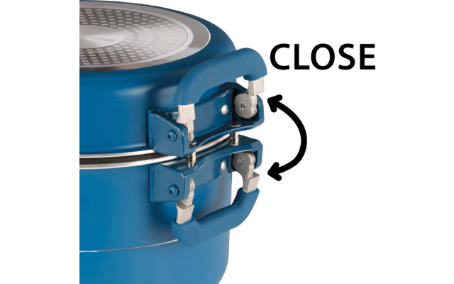 Blauer Kochtopf mit verschlossenem Verschlussclip und dem Wort CLOSE