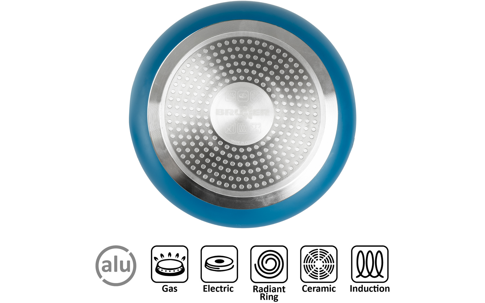 Unterseite einer blauen Pfanne mit Metallboden und fünf Symbolen darunter