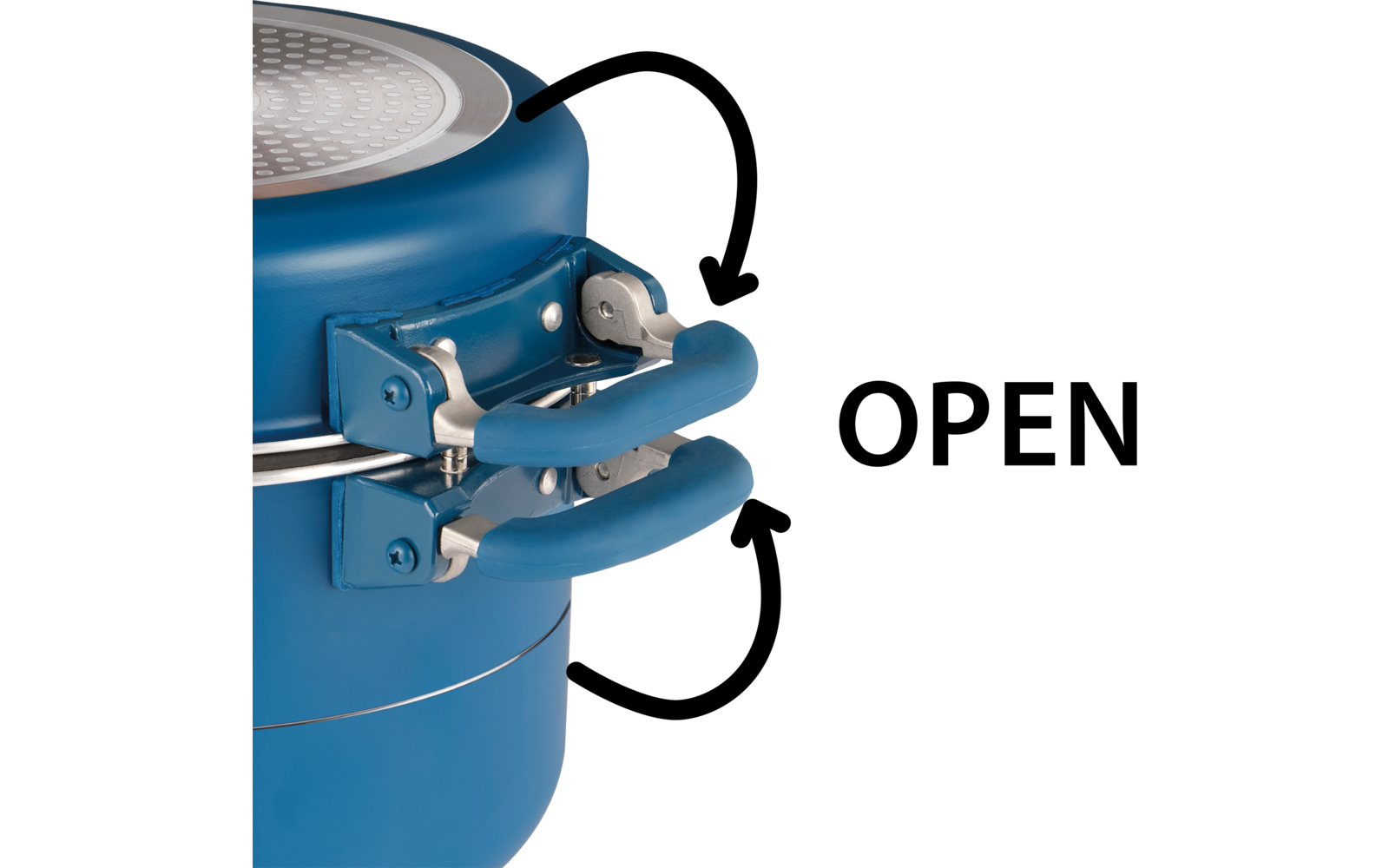 Blauer Kochtopf mit zwei Griffen, die mit Pfeilen zum Öffnen markiert sind