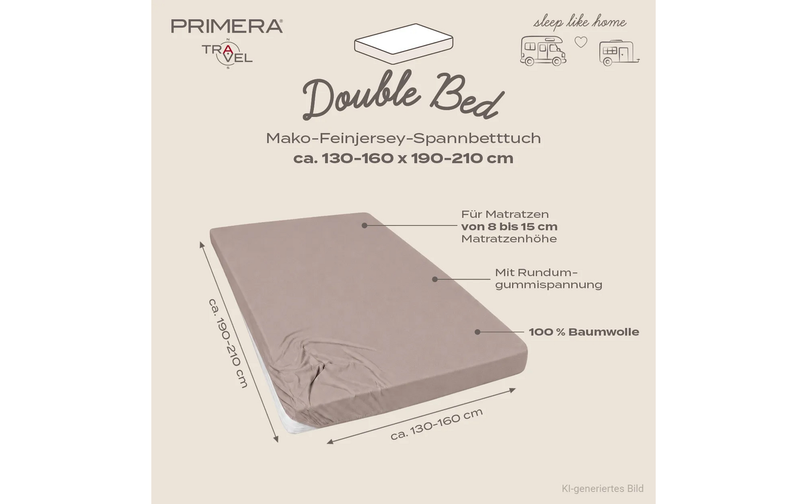 Bruin hoeslaken op matras met plooien; tekst 'Double Bed', merklogo 'Primera Travel', afmetingen ca. 130–160 x 190–210 cm, '100% katoen', vermelding 'voor matrassen 8 tot 15 cm'