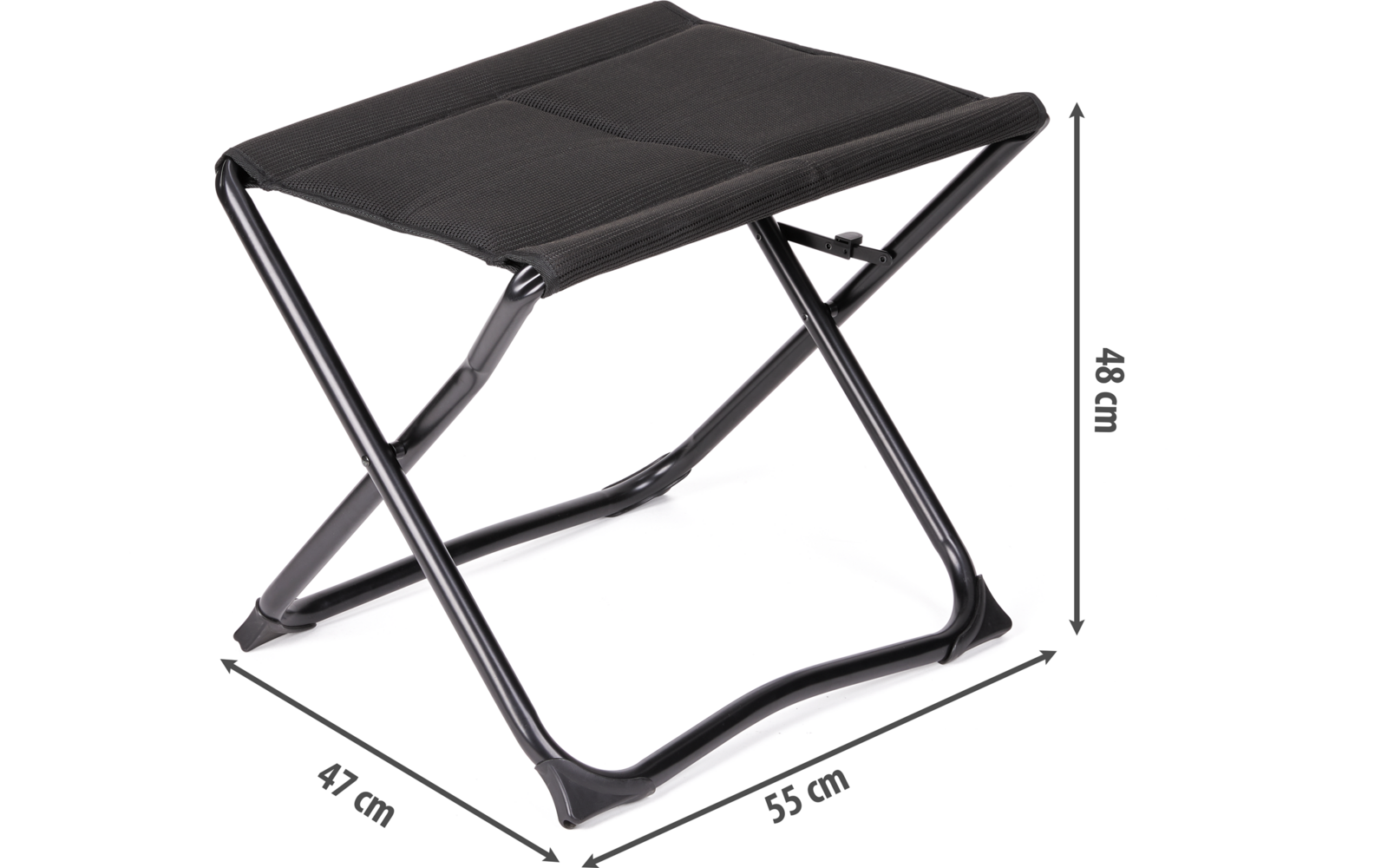 Schwarzer zusammenklappbarer Hocker mit Stoffbezug und abmessungen