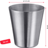 Petit gobelet métallique conique à surface brossée, Ø dessus 3,5 cm, hauteur 4 cm, étiquette rouge «30 ml» et flèches de mesure rouges