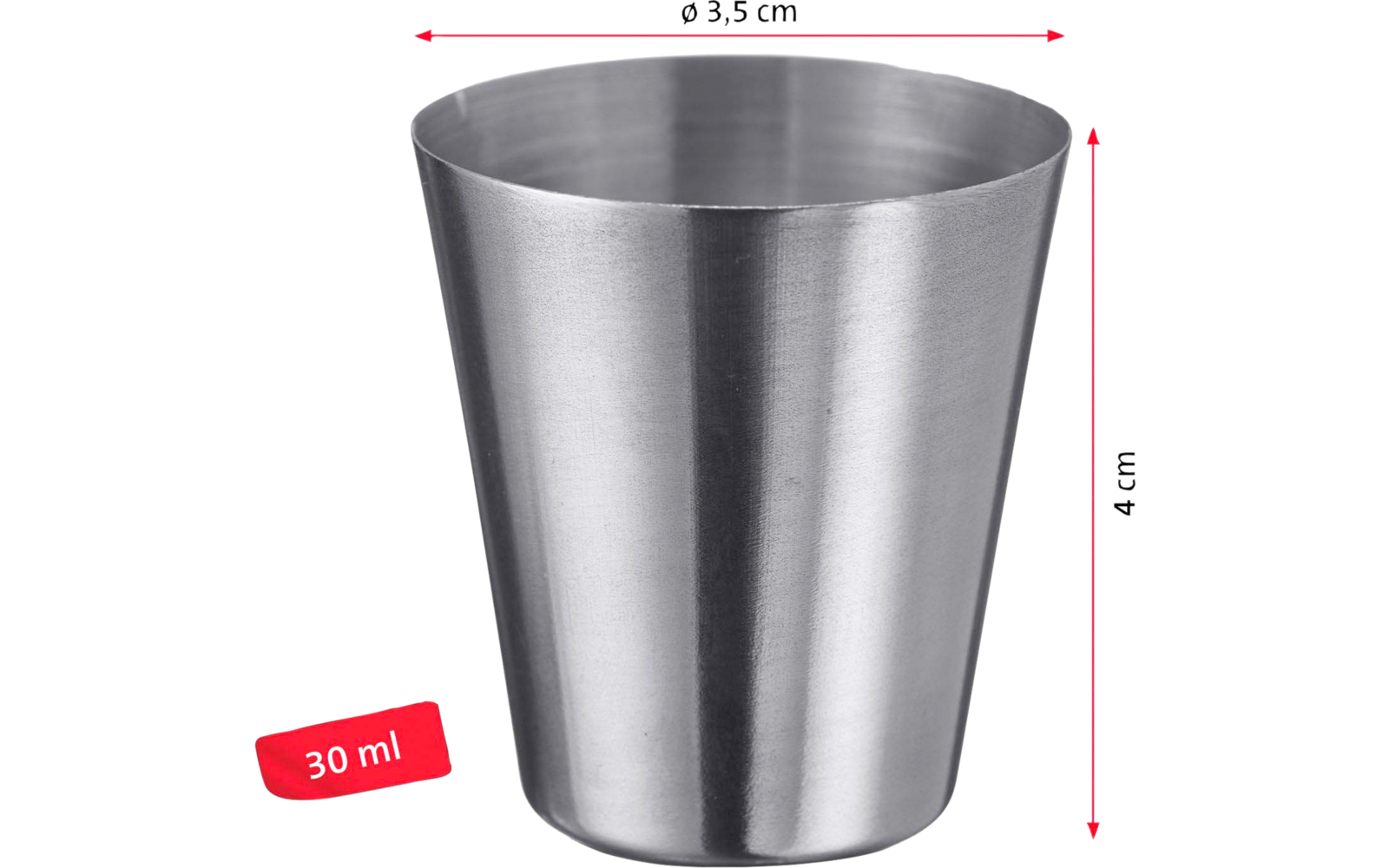 Petit gobelet métallique conique à surface brossée, Ø dessus 3,5 cm, hauteur 4 cm, étiquette rouge «30 ml» et flèches de mesure rouges