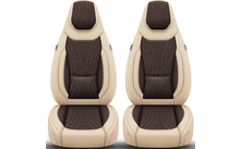 Deux housses de siège auto rembourrées beige et marron, vue de face, sur fond blanc