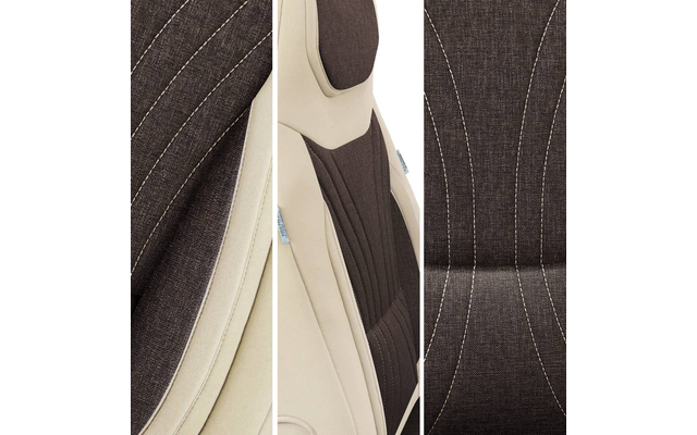 Drei vertikale Bildstreifen mit Detailansichten einer gepolsterten Rückenlehne und Kopfstütze in beigem Kunstleder und dunkelbraunem Stoff mit sichtbaren Steppnähten