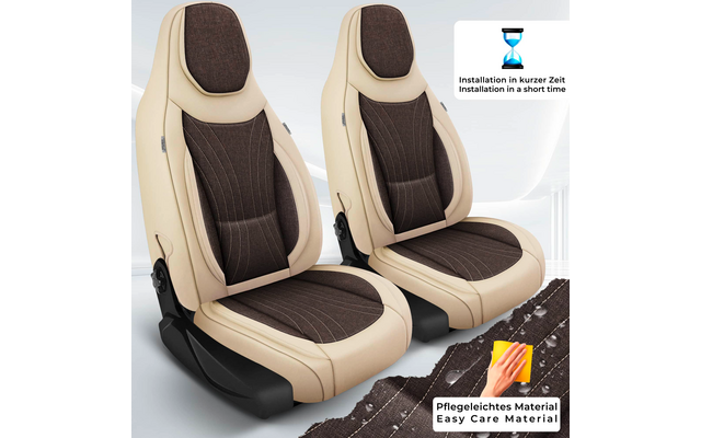 Zwei beige Autositzbezüge mit braunen Stoffpolstern und schwarzen Sitzbasen vor weißem Hintergrund; rechts oben Sanduhr-Symbol mit Text ‚Installation in kurzer Zeit / Installation in a short time‘; unten rechts Hand mit Schwamm und Text ‚Pflegeleicht