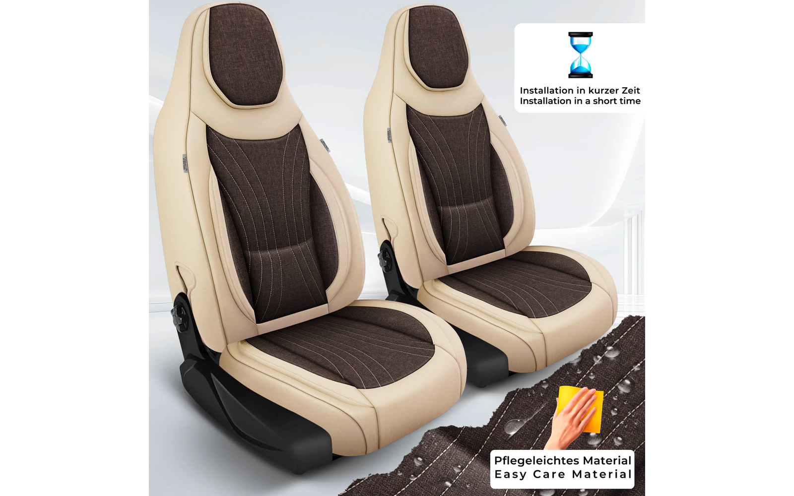 Zwei beige Autositzbezüge mit braunen Stoffpolstern und schwarzen Sitzbasen vor weißem Hintergrund; rechts oben Sanduhr-Symbol mit Text ‚Installation in kurzer Zeit / Installation in a short time‘; unten rechts Hand mit Schwamm und Text ‚Pflegeleicht