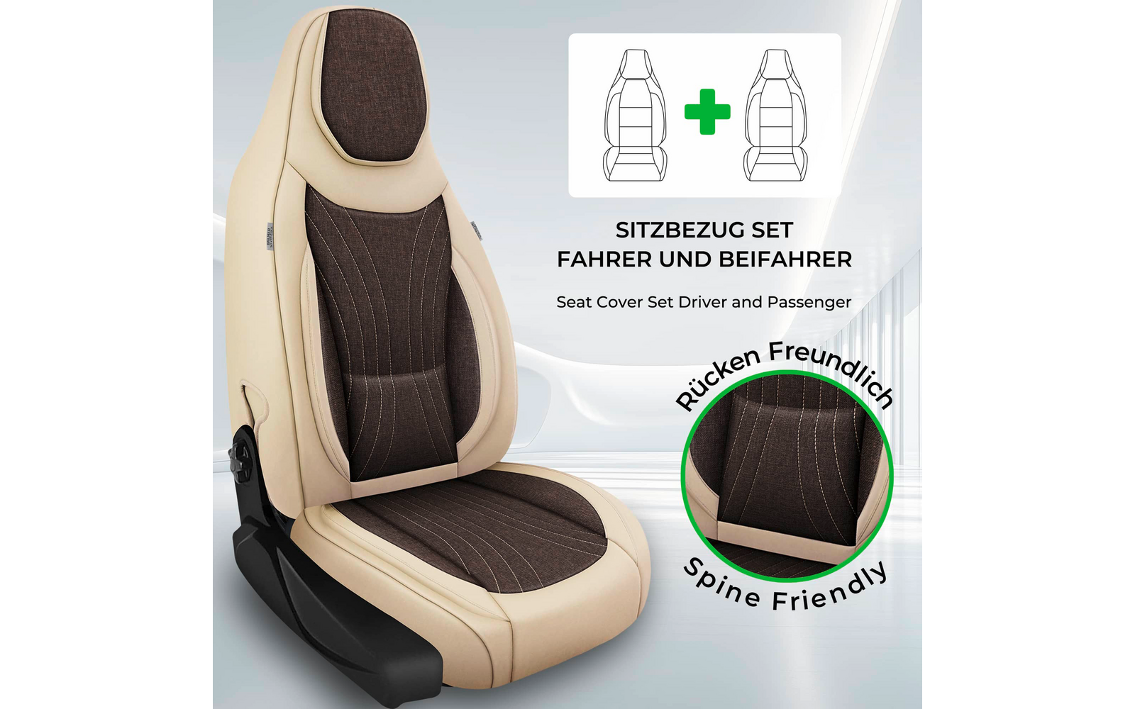 Beiger und brauner Autositzbezug auf einem Einzelsitz mit Kopfstütze und sichtbaren Nähten, oben rechts Piktogramme zweier Sitze mit Pluszeichen und die Texte 'SITZBEZUG SET FAHRER UND BEIFAHRER' und 'Seat Cover Set Driver and Passenger', rundes Deta