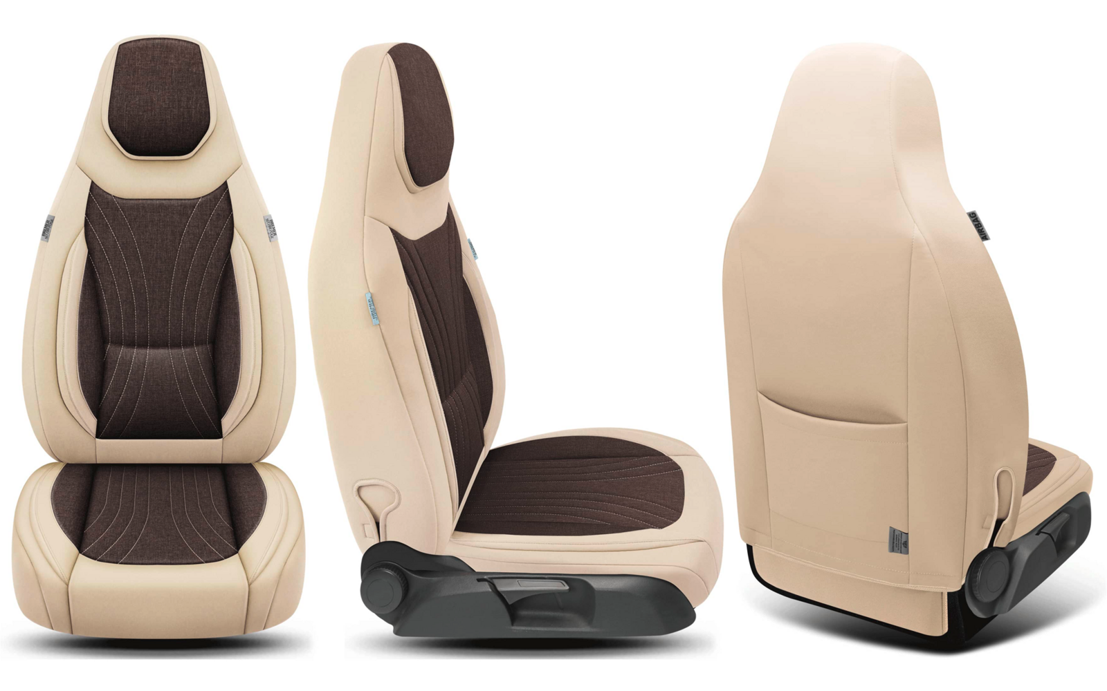 Drei Ansichten eines beige-braunen Autositzes: Vorderansicht, Seitenansicht und Rückansicht auf weißem Hintergrund