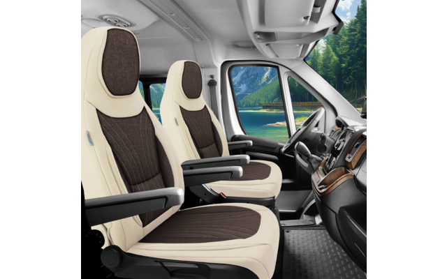 Innenraum eines Fahrzeugs mit zwei hellen Polstersitzen mit dunklen Einsätzen und Armlehnen, Lenkrad, Armaturenbrett und Seitenfenster; draußen See, Berge und Bäume