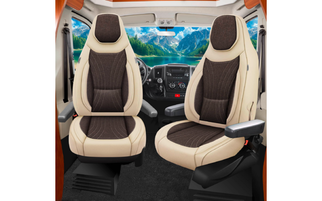 Zwei beige-braune Vordersitze vor Lenkrad und Armaturenbrett, durch die Windschutzscheibe Berge, See und blauer Himmel sichtbar