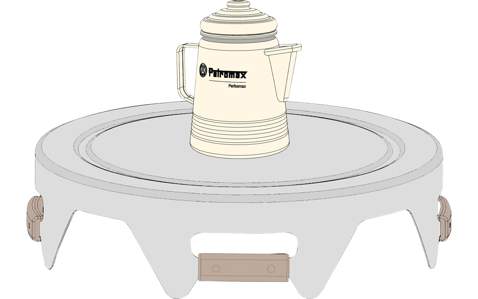 Runde graue Metallplatte mit drei ausgeschnittenen Beinen und einer hellbeigen Kaffeekanne mit Henkel und Ausguss oben