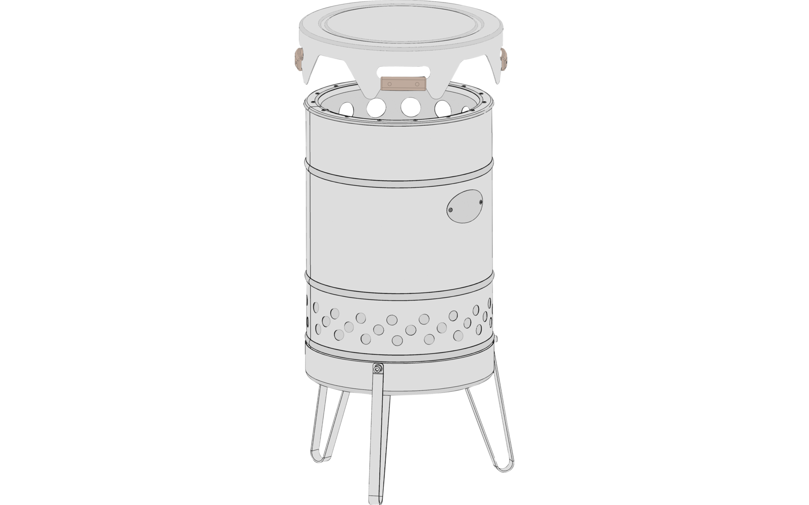 Zylindrischer Metallkörper auf drei Beinen, rundes Oberteil mit Rand, drei runde Elemente, rechteckiges Feld oben, gelochte untere Hülle, runde Plakette an der Seite