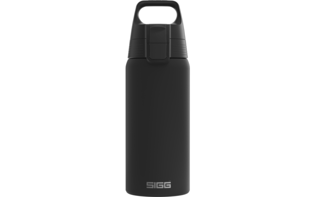 Schwarze Flasche mit Deckel und Tragegriff; 'SIGG'-Logo am unteren Rand