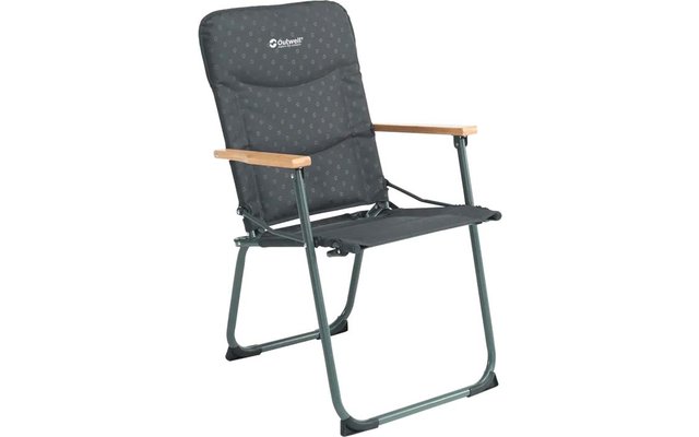 Klappstuhl mit gepolstertem dunklem Bezug und Holzarmlehnen