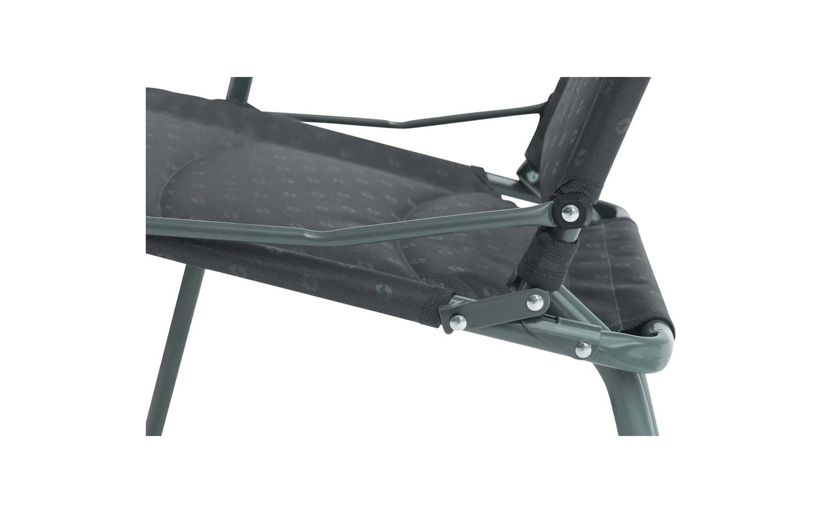 Nahaufnahme eines Stuhlbezugs aus dunkelgrauem Stoff mit Metallverstrebungen