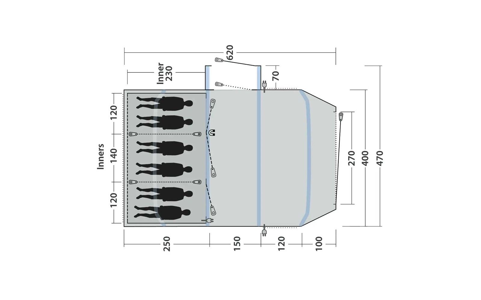 Schematische Draufsicht einer Grundrisszeichnung mit sechs schwarzen Personen‑Silhouetten links, rechteckigen und trapezförmigen Flächen, Linien für Reißverschlüsse, eingezeichneten Seilen/Ankern und numerischen Maßangaben