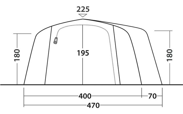 Frontansicht eines Zeltes mit gewölbtem Dach. Links sichtbarer Reißverschluss. Mittig Beschriftung '195'. Links und rechts Beschriftung '180'. Oben Beschriftung '225'. Unten Balken mit '400' und '70' und Gesamt '470'