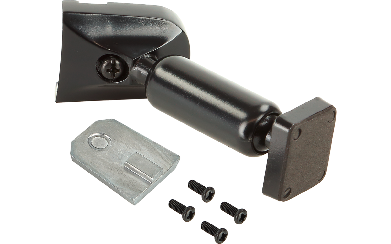 Schwarzes zylindrisches Metallteil mit rechteckiger schwarzer Gummikappe, gebogene Halterung, silbergraue Metallplatte mit Loch und vier kleine schwarze Schrauben auf weißem Hintergrund