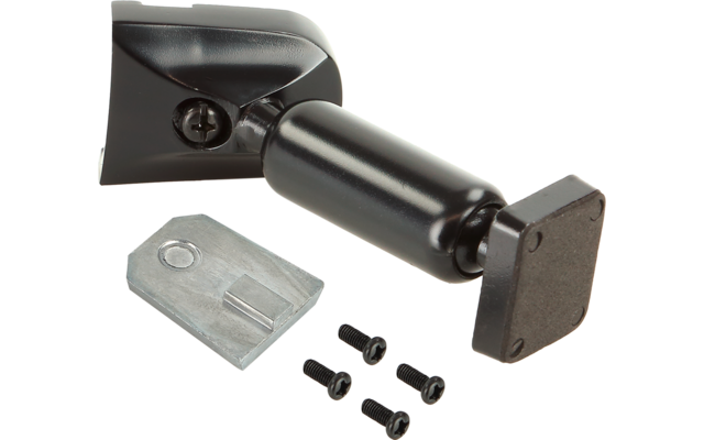 Schwarzes zylindrisches Metallteil mit rechteckiger schwarzer Gummikappe, gebogene Halterung, silbergraue Metallplatte mit Loch und vier kleine schwarze Schrauben auf weißem Hintergrund