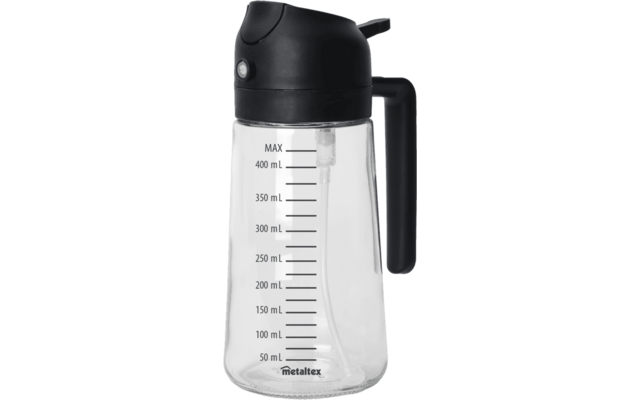 Transparenter Behälter mit schwarzem Deckel und Griff, Messskala von 50 ml bis 400 ml und Markenname metaltex am Boden