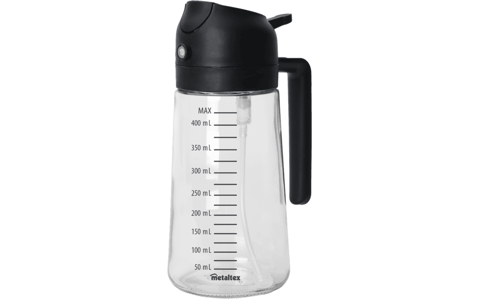 Transparenter Behälter mit schwarzem Deckel und Griff, Messskala von 50 ml bis 400 ml und Markenname metaltex am Boden