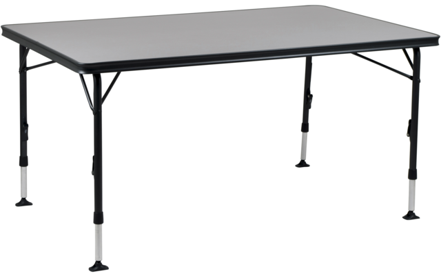 Rechteckige graue Tischplatte mit schwarzem Rand, vier schwarze Metallbeine mit weißen unteren Segmenten und runden Fußkappen, Metallstreben unter der Platte