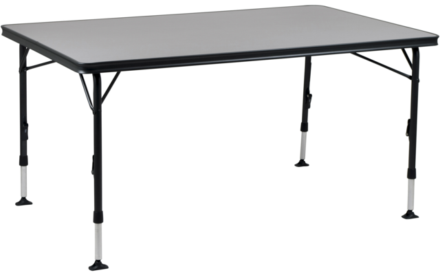 Rechteckige graue Tischplatte mit schwarzem Rand, vier schwarze Metallbeine mit weißen unteren Segmenten und runden Fußkappen, Metallstreben unter der Platte