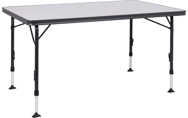 Rechteckiger Tisch mit hellgrauer Platte, schwarzem Metallrahmen, vier Beinen mit weißen Rohrsegmenten und schwarzen Fußplatten