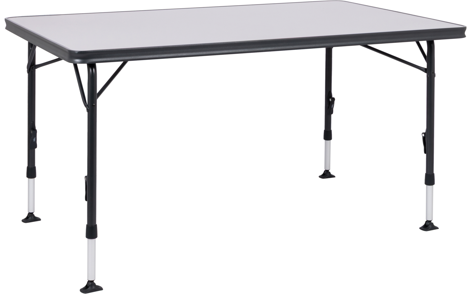Rechteckiger Tisch mit hellgrauer Platte, schwarzem Metallrahmen, vier Beinen mit weißen Rohrsegmenten und schwarzen Fußplatten