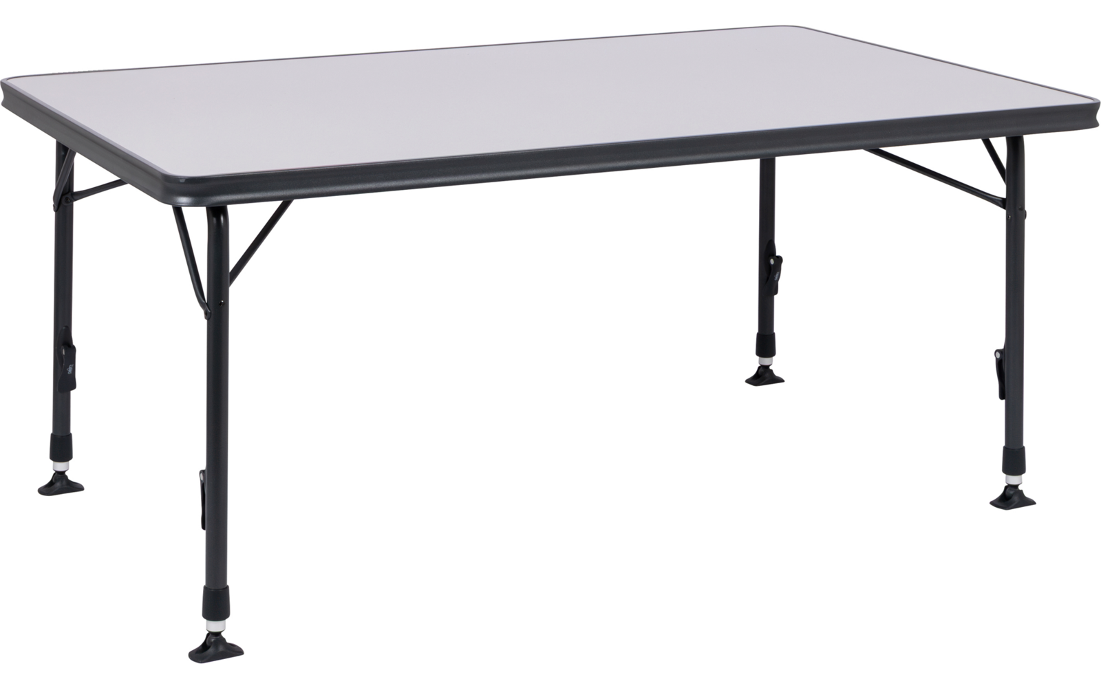 Rechteckiger Tisch mit hellgrauer Tischplatte und schwarzen Metallbeinen