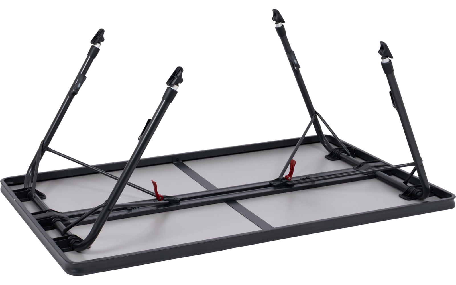 Unterseite einer umgedrehten rechteckigen Tischplatte mit vier schwarzen klappbaren Metallbeinen, grauem Rahmen, weißer Fläche mit Kreuzstreben und zwei roten Verriegelungshebeln