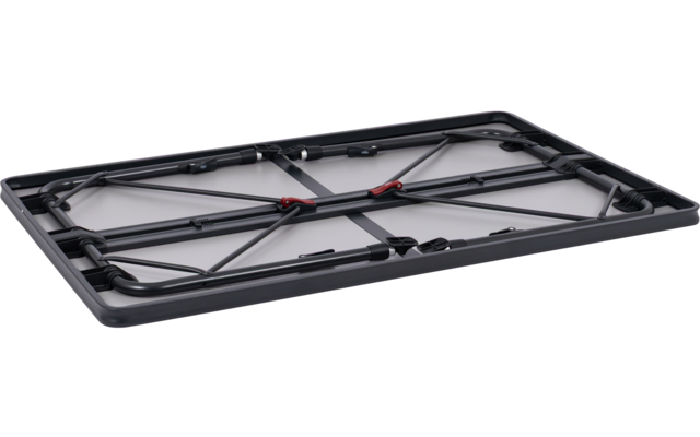 Schwarzes, rechteckiges, zusammengeklapptes Tischgestell auf weißem Hintergrund