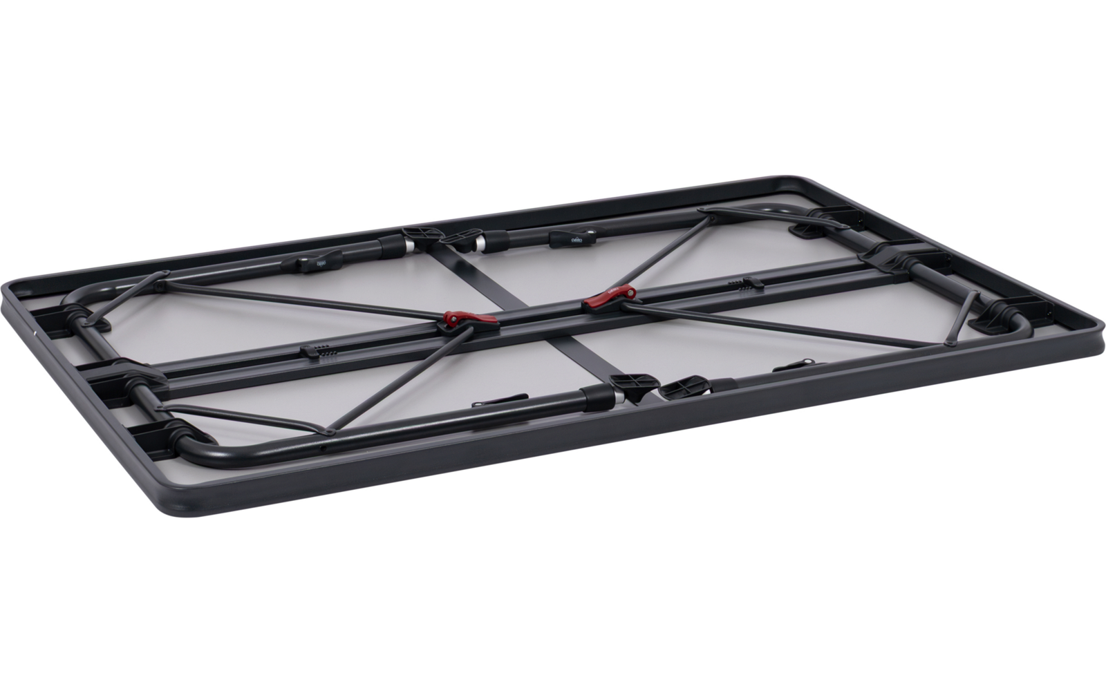 Schwarzes, rechteckiges, zusammengeklapptes Tischgestell auf weißem Hintergrund