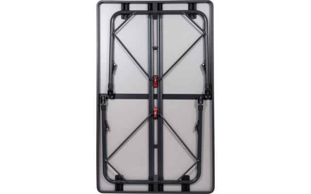 Rechteckige graue Fläche mit schwarzem Metallrahmen, diagonalen Streben, zwei roten Verriegelungen und gefalteten Beinen