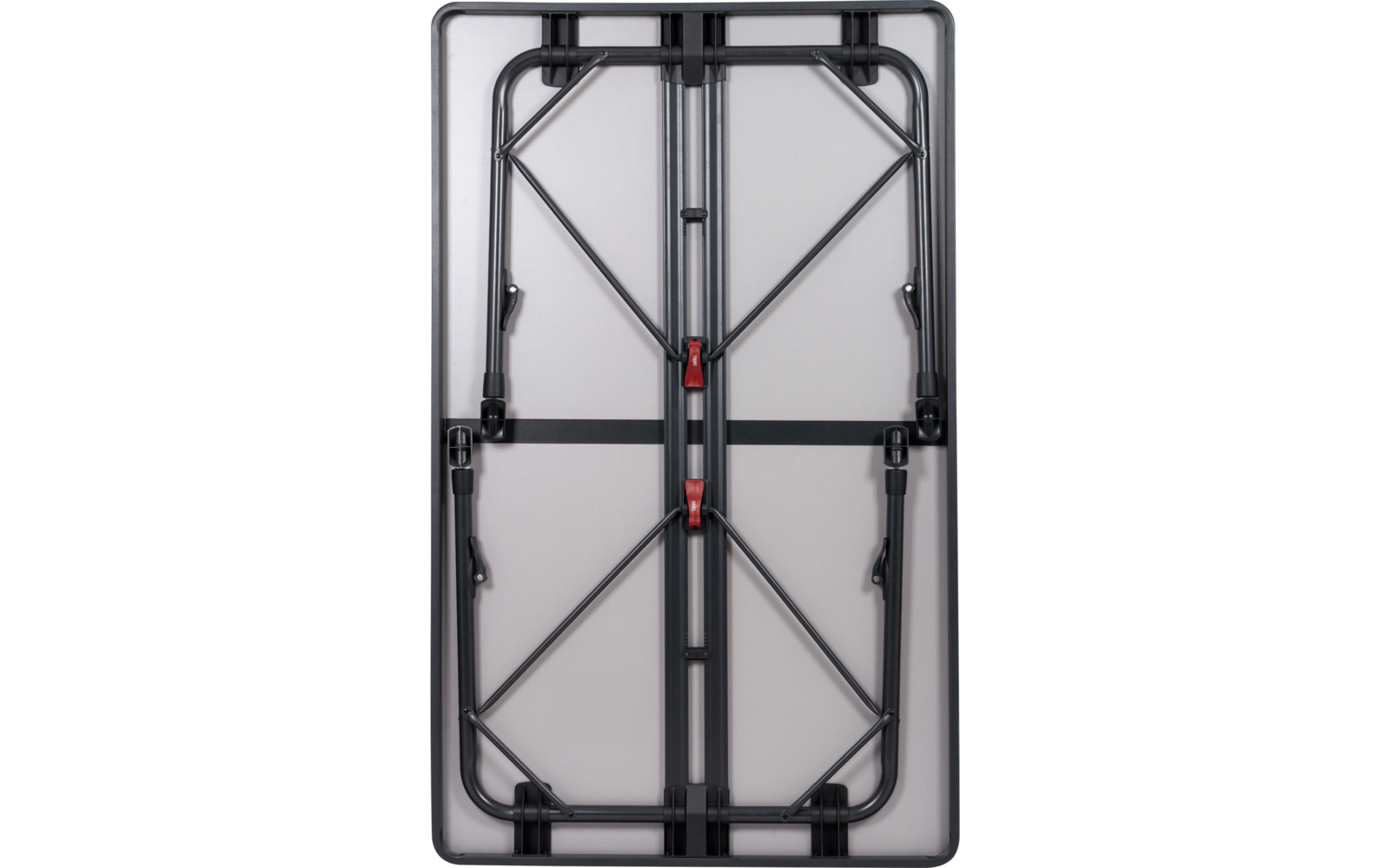 Rechteckige graue Fläche mit schwarzem Metallrahmen, diagonalen Streben, zwei roten Verriegelungen und gefalteten Beinen
