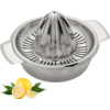 Presse-agrumes en métal argenté avec récipient, deux poignées et morceaux de citron (dont un coupé en deux) avec feuilles