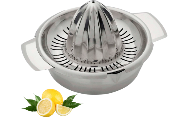 Presse-agrumes en métal argenté avec récipient, deux poignées et morceaux de citron (dont un coupé en deux) avec feuilles