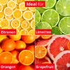 Collage de quatre carrés : en haut à gauche tranches de citron, en haut à droite tranches de lime, en bas à gauche oranges entières et coupées en deux, en bas à droite pamplemousses coupés en deux ; étiquettes rouges avec texte blanc 'Ideal für', 'Zitronen', 'Limetten', 'Orangen', 'Grapefruit'