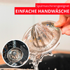 Main tenant un embout de cuisine rond rainuré sous l'eau courante au-dessus d'un évier ; en bas à gauche encart circulaire montrant la même pièce dans un lave-vaisselle ; en haut à droite bandes rouges avec texte blanc 'Spülmaschinengeeignet' et 'EINFACHE HANDWÄSCHE'