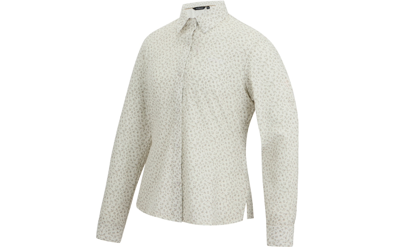 Hellbeige/cremefarbene, langärmlige Bluse mit kleinem Blumenmuster, Stehkragen mit Bindeband, verdeckte Knopfleiste, seitliche Saumschlitze