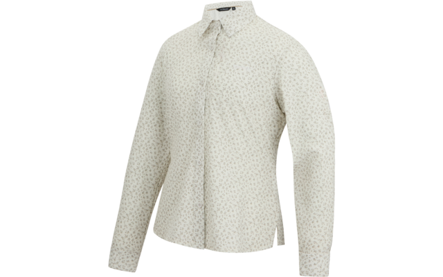 Hellbeige/cremefarbene, langärmlige Bluse mit kleinem Blumenmuster, Stehkragen mit Bindeband, verdeckte Knopfleiste, seitliche Saumschlitze